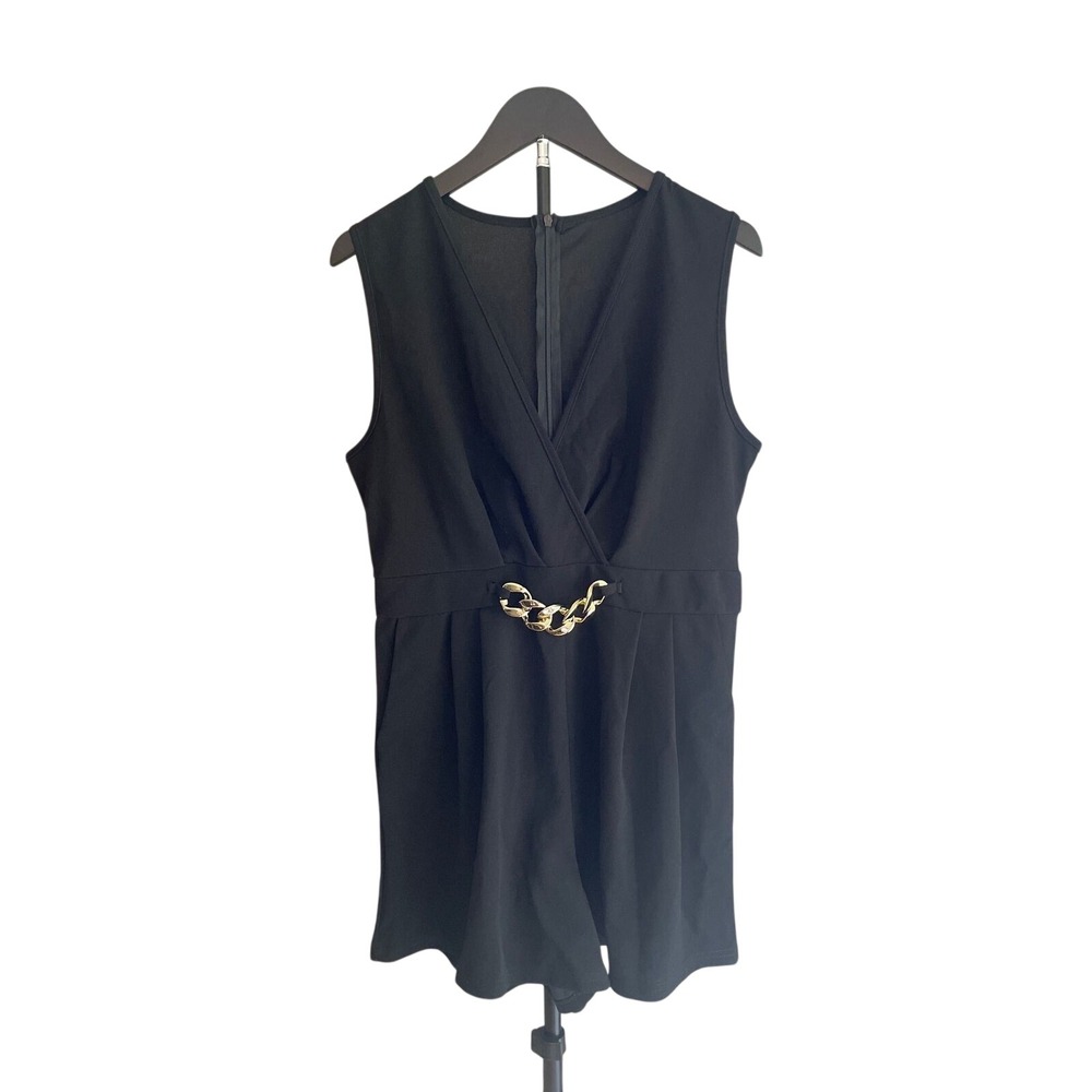 Black Romper Women Size Large V-Neck Sleeveless Gold Chain Link Party Glam Date